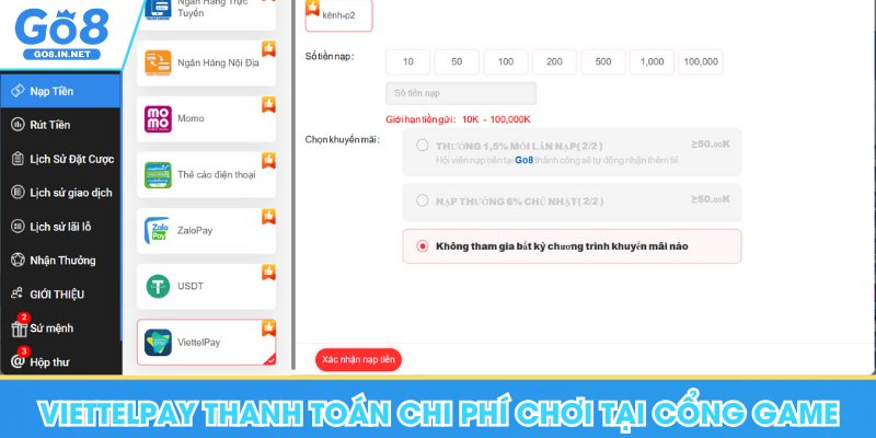 Dùng ViettelPay thanh toán chi phí chơi Go8